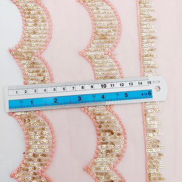 Salmon Pink Net Scallop Lace Trim with Gold Sequins, Sari Border, Embroidered Trim
